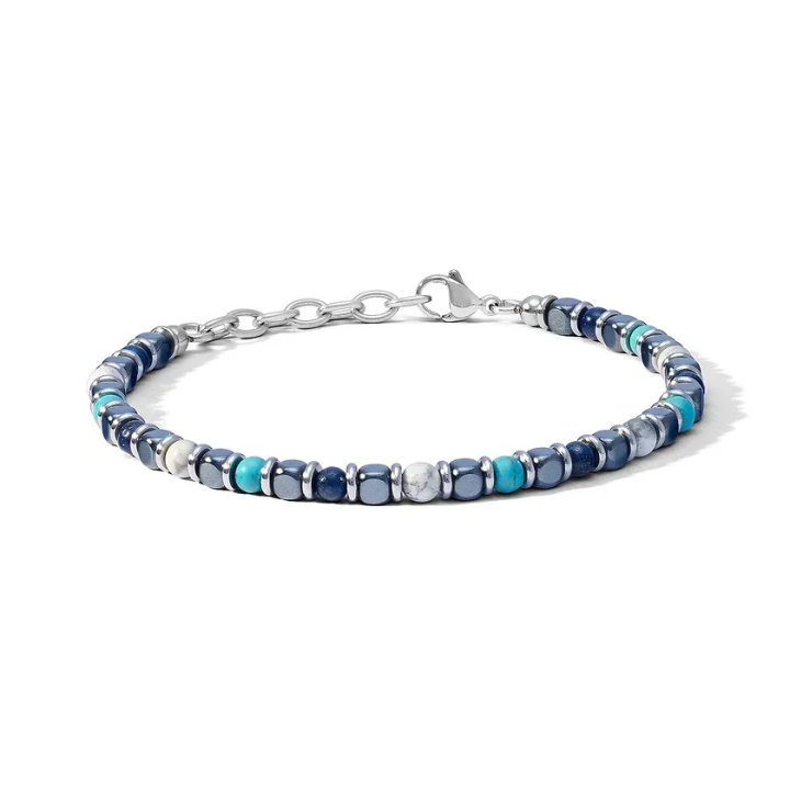 COMETE Bracciale in Acciaio con Agata blu, Aulite bianca, Turchese ed Ematite