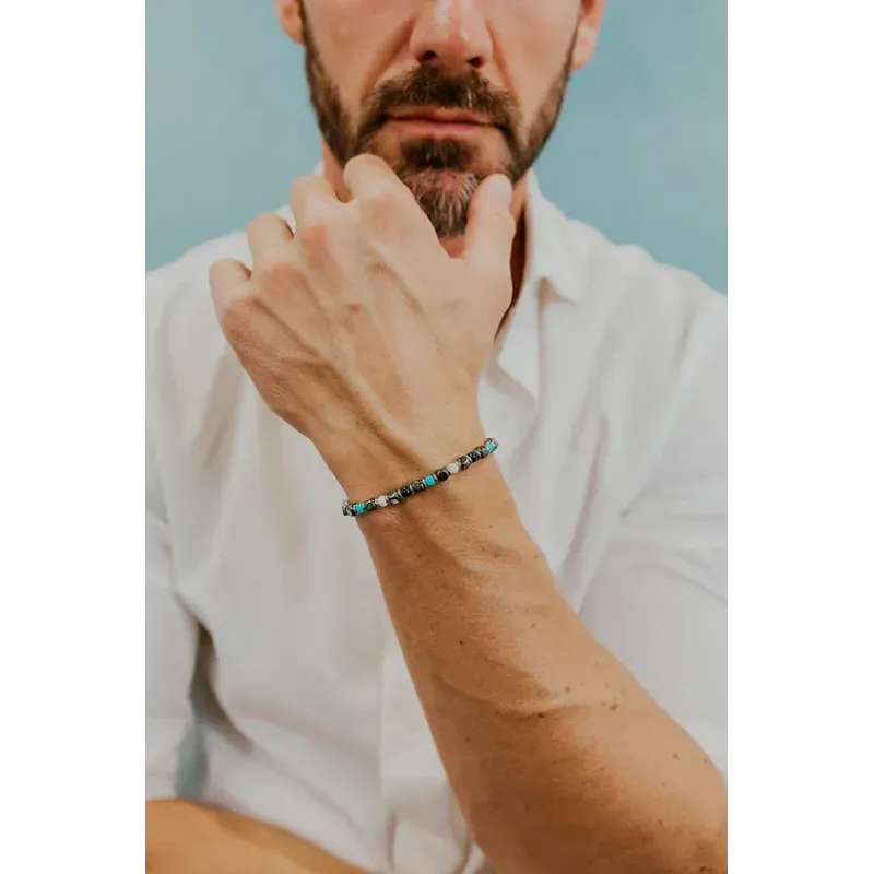 COMETE Bracciale in Acciaio con Agata blu, Aulite bianca, Turchese ed Ematite | Agold